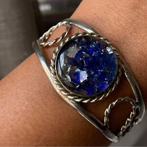 Vintage | Stamped MEXICO Dichroic Blue Glass Silver Tone Cuff Bracelet